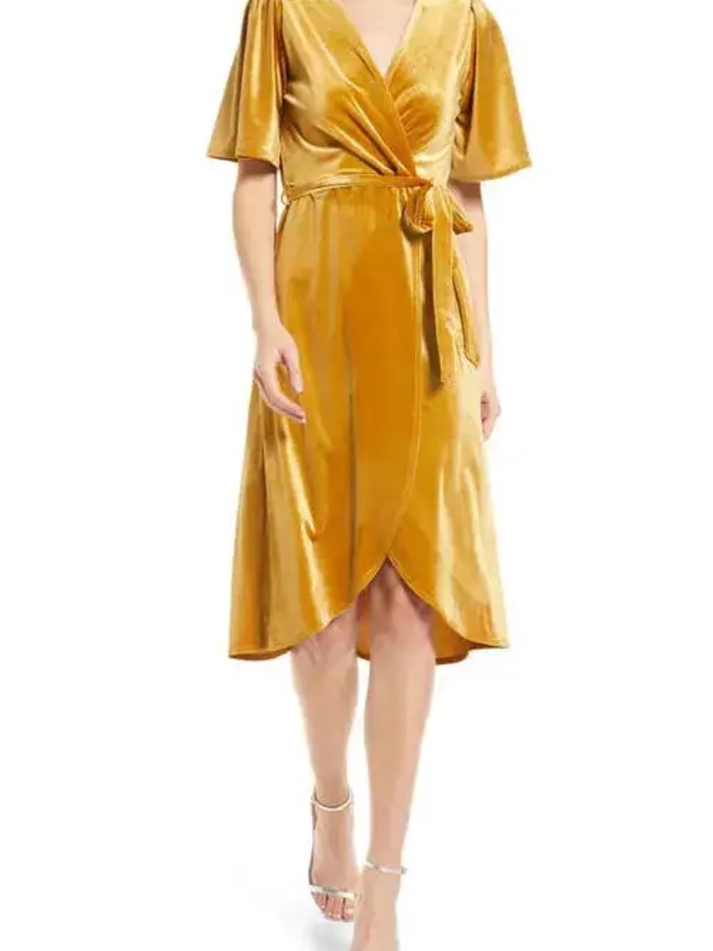 Velvet Wrap Midi Dress in Mustard